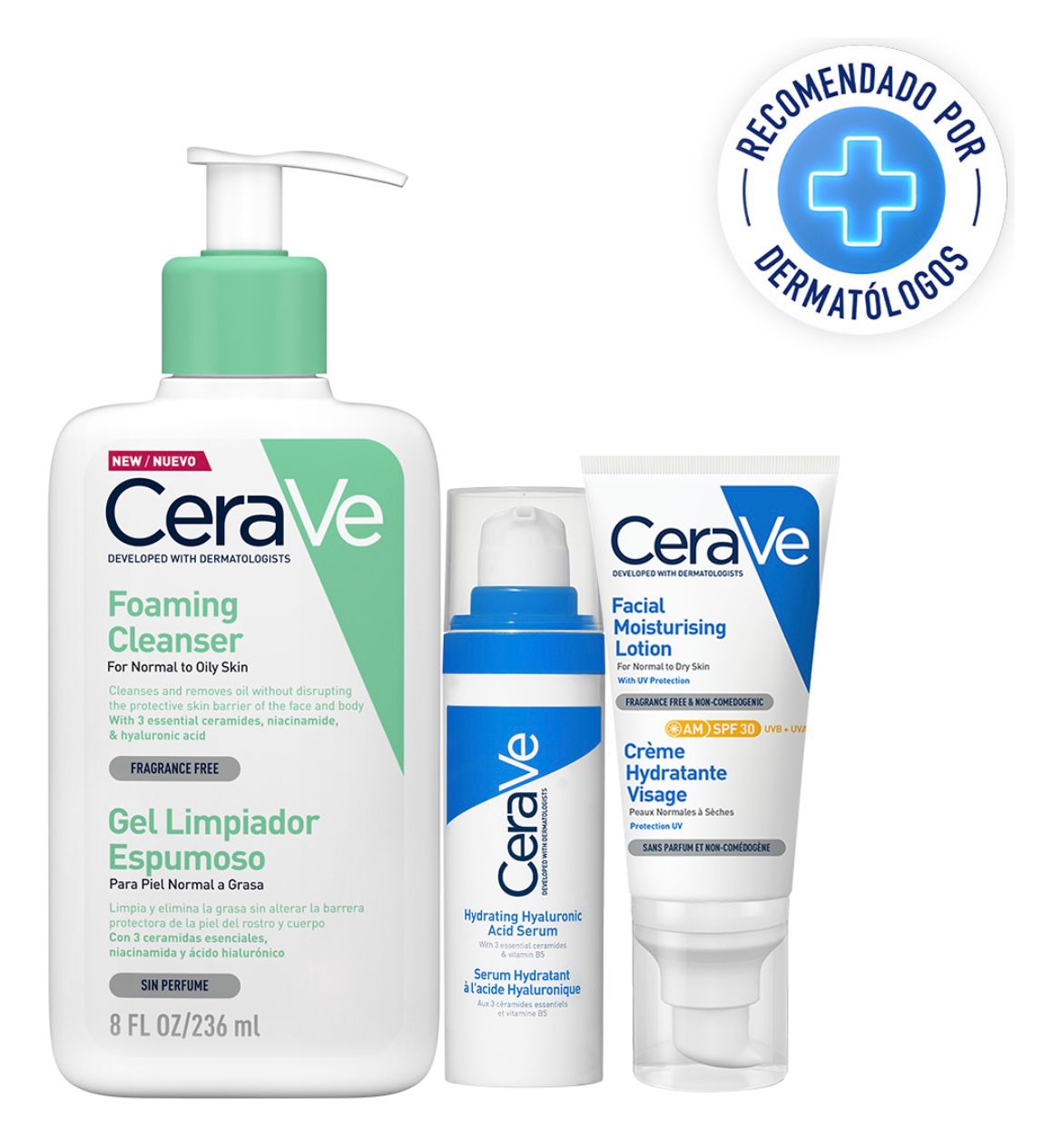 Kit CeraVe Rutina facial limpia hidrata y protege tu piel 3 piezas.